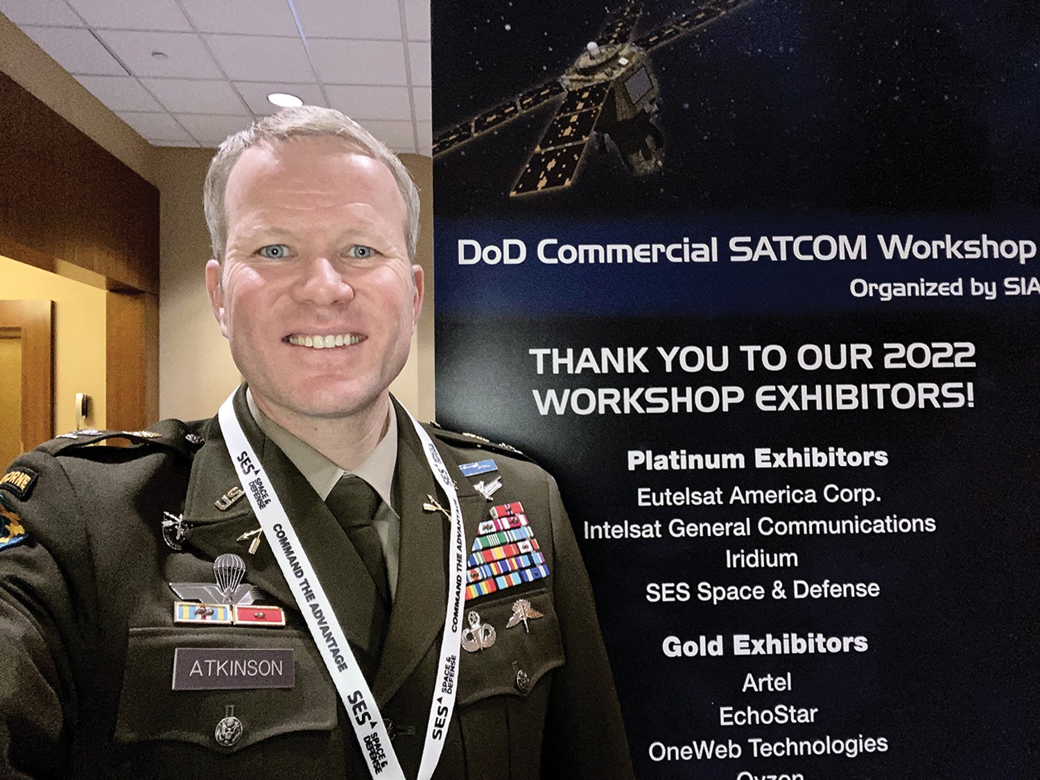 Col. Pete Atkinson spoke at DoD’s commercial satellite communications workshop in Alexandria, Virginia, in December. (Credit: Courtesy photo)