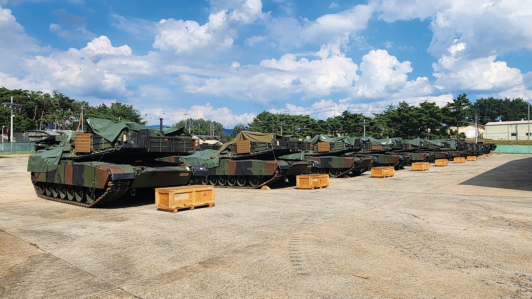 Equipment for a combined arms battalion from Army Prepositioned Stock-4 is staged at Camp Carroll, South Korea. (Credit: U.S. Army/Capt. Nathan Mumford)