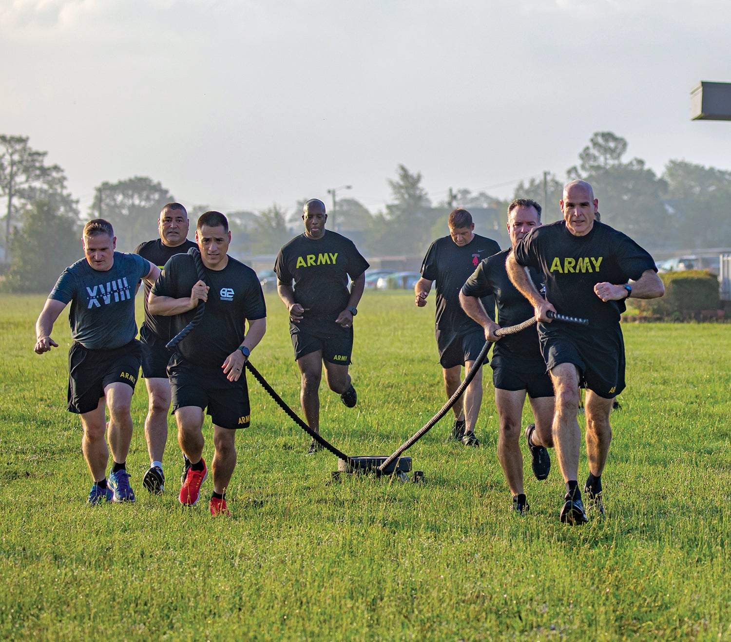 Warrant officers stationed at Fort Liberty, North Carolina, formerly known as Fort Bragg, take part in physical training led by Holistic Health and Fitness trainers. (Credit: U.S. Army/Sgt. Jacob Moir)