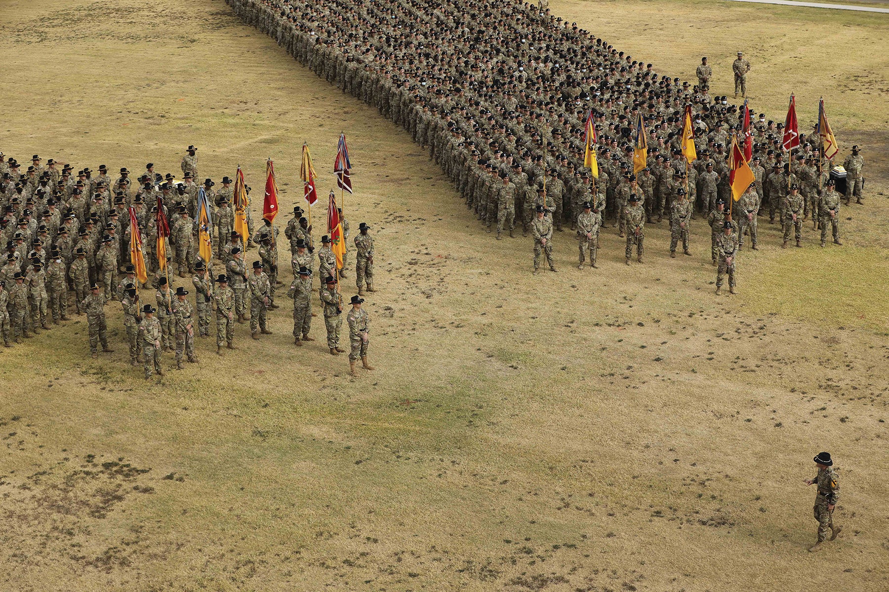 Soldiers with the 1st Cavalry Division stand in formation during a 2021 ceremony at Fort Hood, Texas, to mark the division’s 100th birthday. (Credit: U.S. Army/Sgt. 1st Class Michael Garrett)