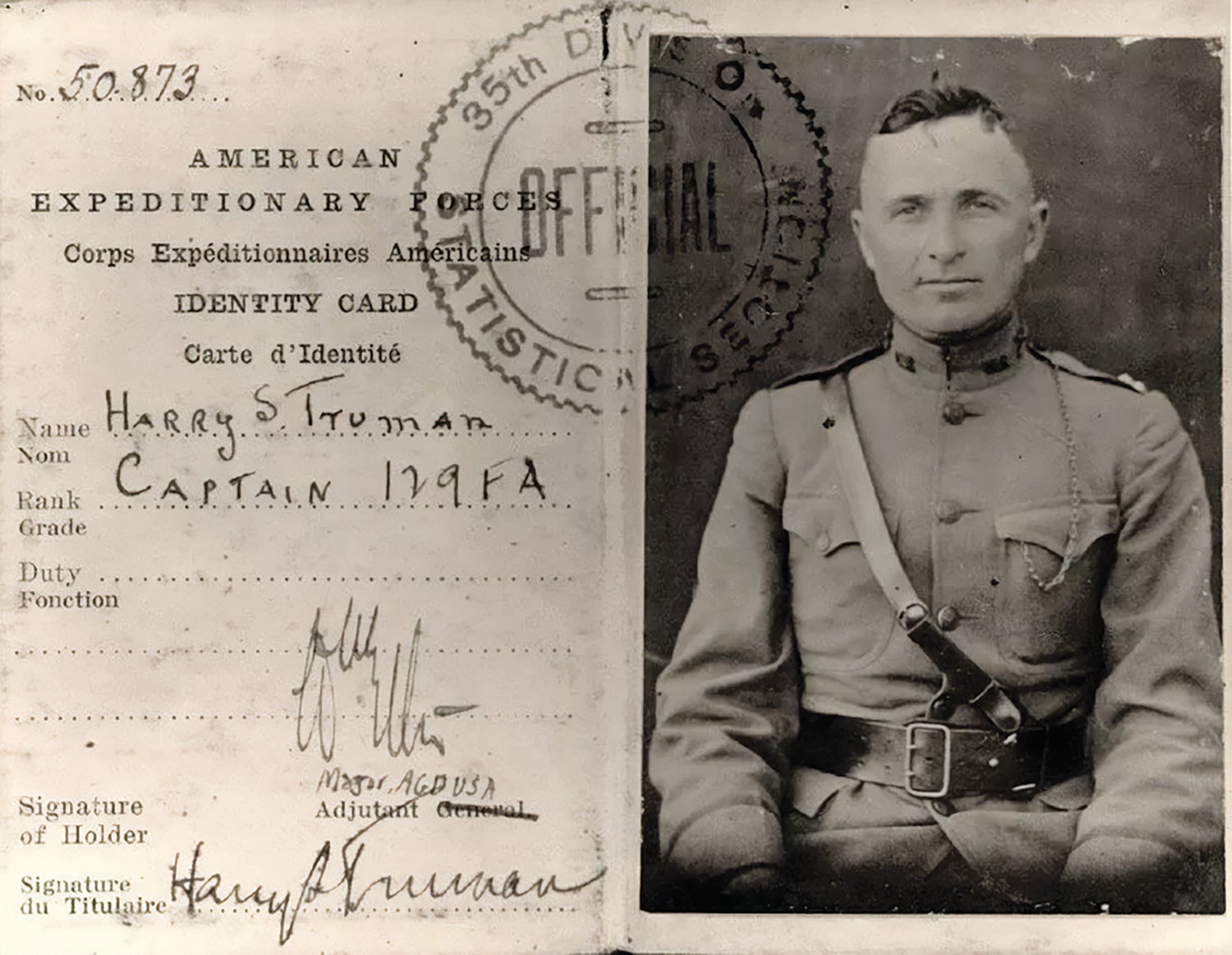 Truman’s American Expeditionary Forces ID card circa World War I. (Credit: National Park Service)