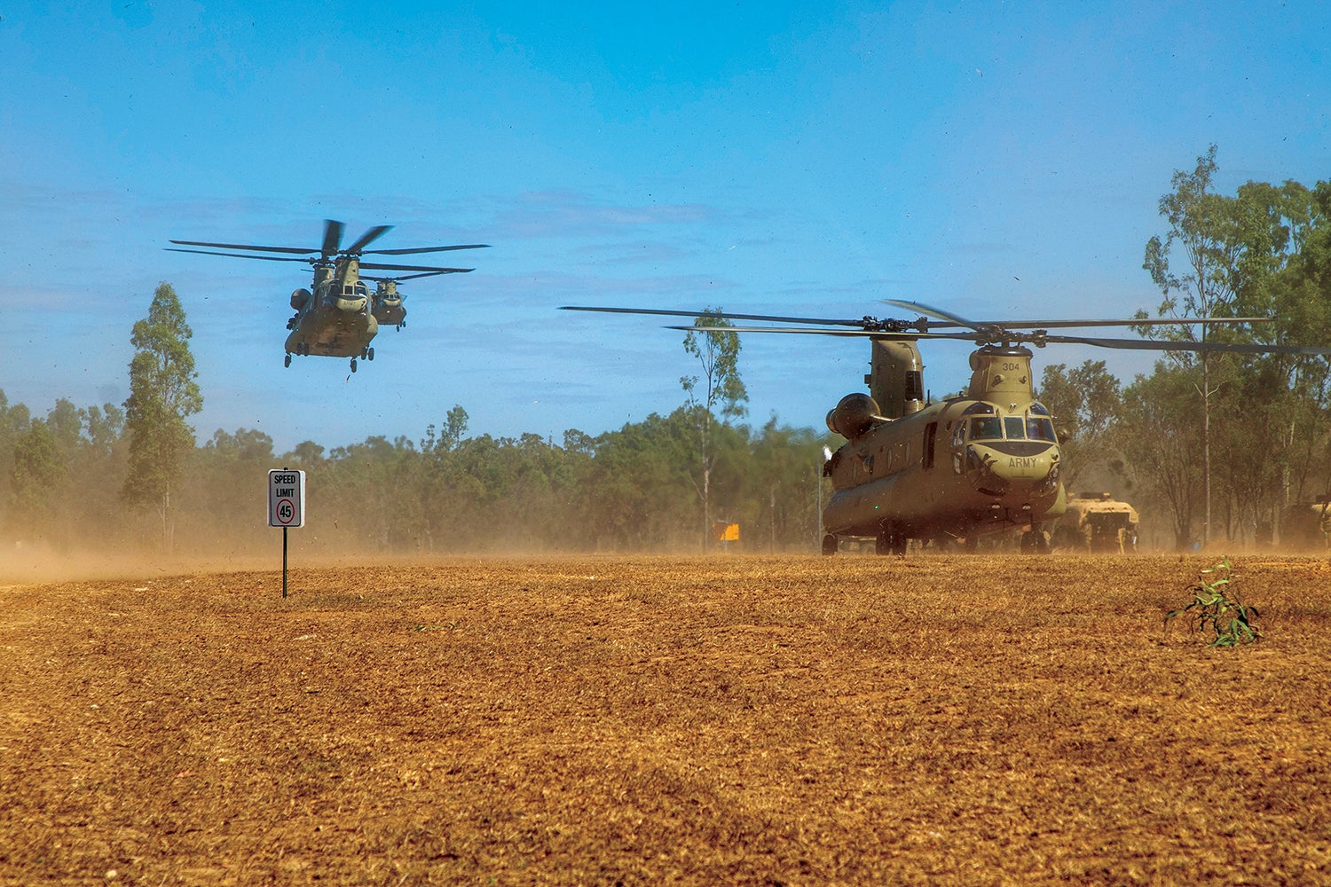 CH-47 Chinook helicopters land during Exercise Talisman Sabre in Australia in July. (Credit: U.S. Army/Spc. Derick Fennell)